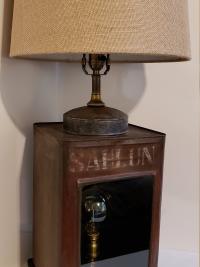 Vintage Repurposed Tin Table Lamp, Old Grain Storage Bin, Dual Light, Shadow Box