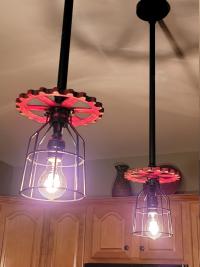 Repurposed Industrial Gear Pendant Lights, Red Black Steampunk. Original art pendants.