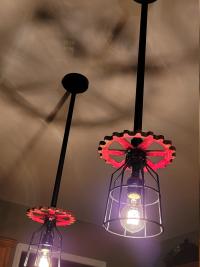 Repurposed Industrial Gear Pendant Lights, Red Black Steampunk. Original art pendants.