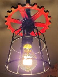 Repurposed Industrial Gear Pendant Lights, Red Black Steampunk. Original art pendants.