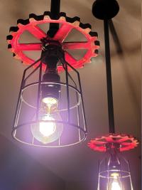 Repurposed Industrial Gear Pendant Lights, Red Black Steampunk. Original art pendants.