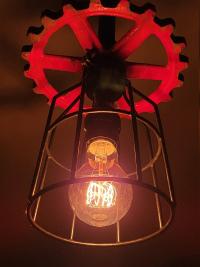 Repurposed Industrial Gear Pendant Lights, Red Black Steampunk. Original art pendants.