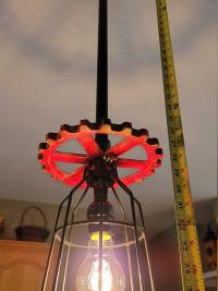 Repurposed Industrial Gear Pendant Lights, Red Black Steampunk. Original art pendants.