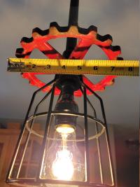 Repurposed Industrial Gear Pendant Lights, Red Black Steampunk. Original art pendants.