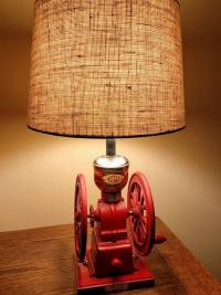 Light Roast coffee grinder accent lamp, red iron, brass and wood, burlap shade