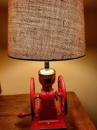 Light Roast coffee grinder accent lamp, red iron, brass and wood, burlap shade