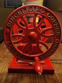 Light Roast coffee grinder accent lamp, red iron, brass and wood, burlap shade