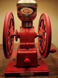 Light Roast coffee grinder accent lamp, red iron, brass and wood, burlap shade