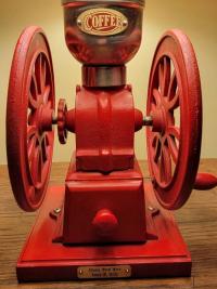 Light Roast coffee grinder accent lamp, red iron, brass and wood, burlap shade