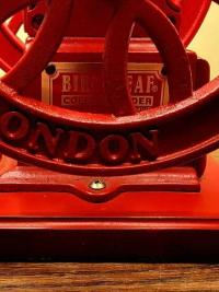 Light Roast coffee grinder accent lamp, red iron, brass and wood, burlap shade