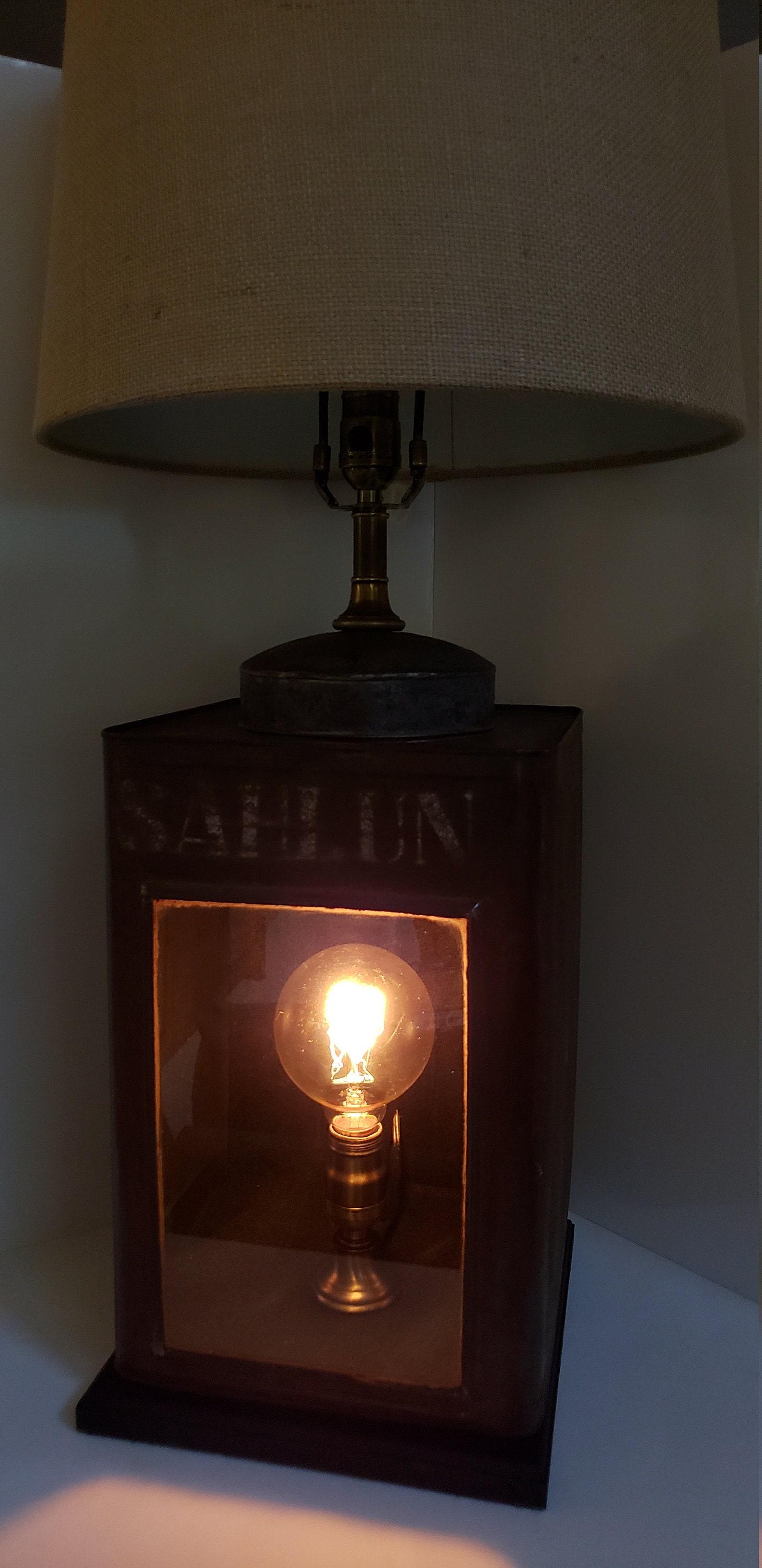 Vintage Repurposed Tin Table Lamp, Old Grain Storage Bin, Dual Light, Shadow Box