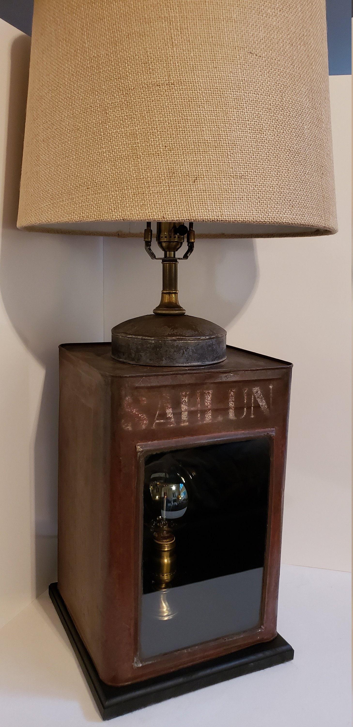 Vintage Repurposed Tin Table Lamp, Old Grain Storage Bin, Dual Light, Shadow Box