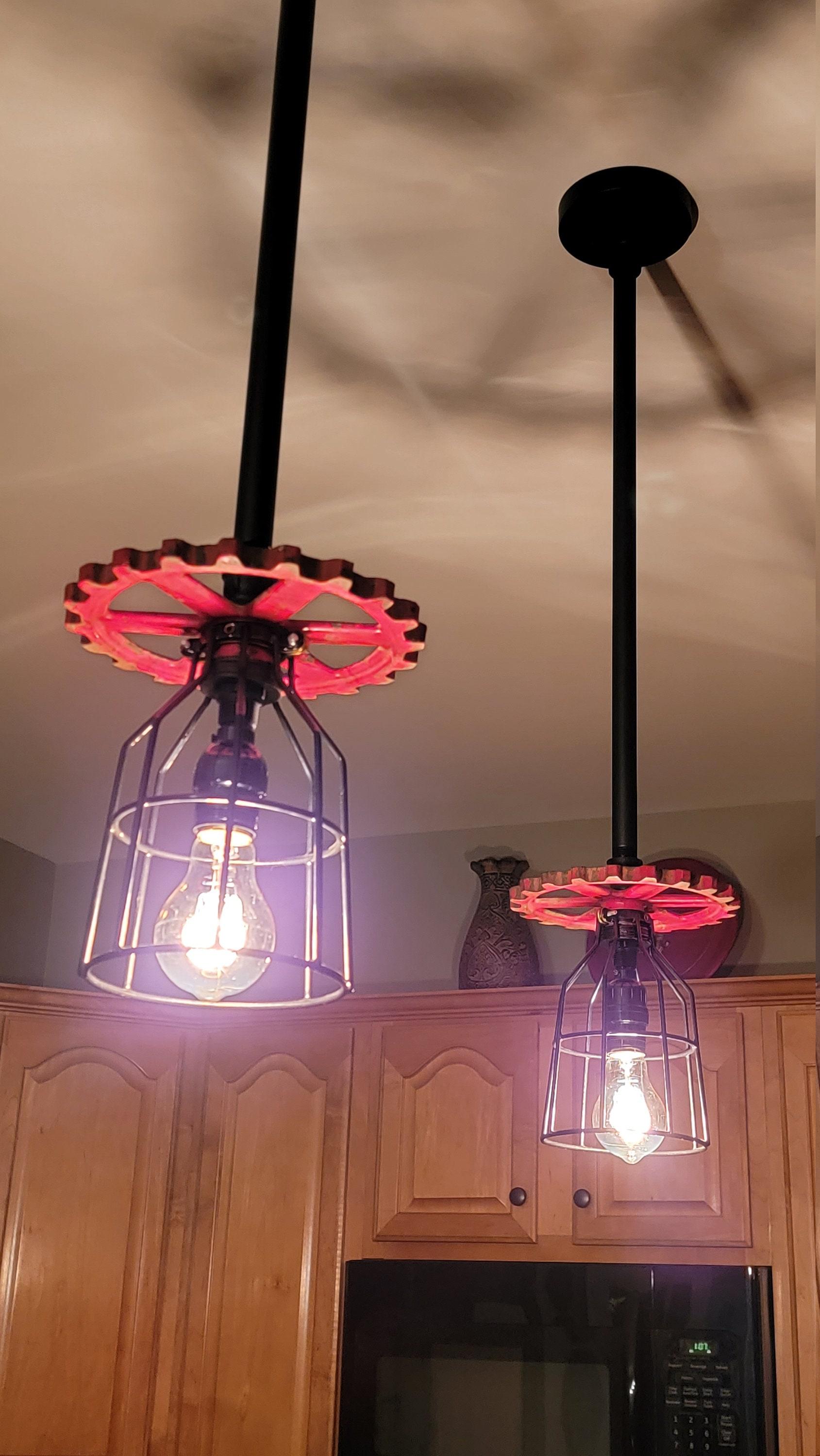 Repurposed Industrial Gear Pendant Lights, Red Black Steampunk. Original art pendants.