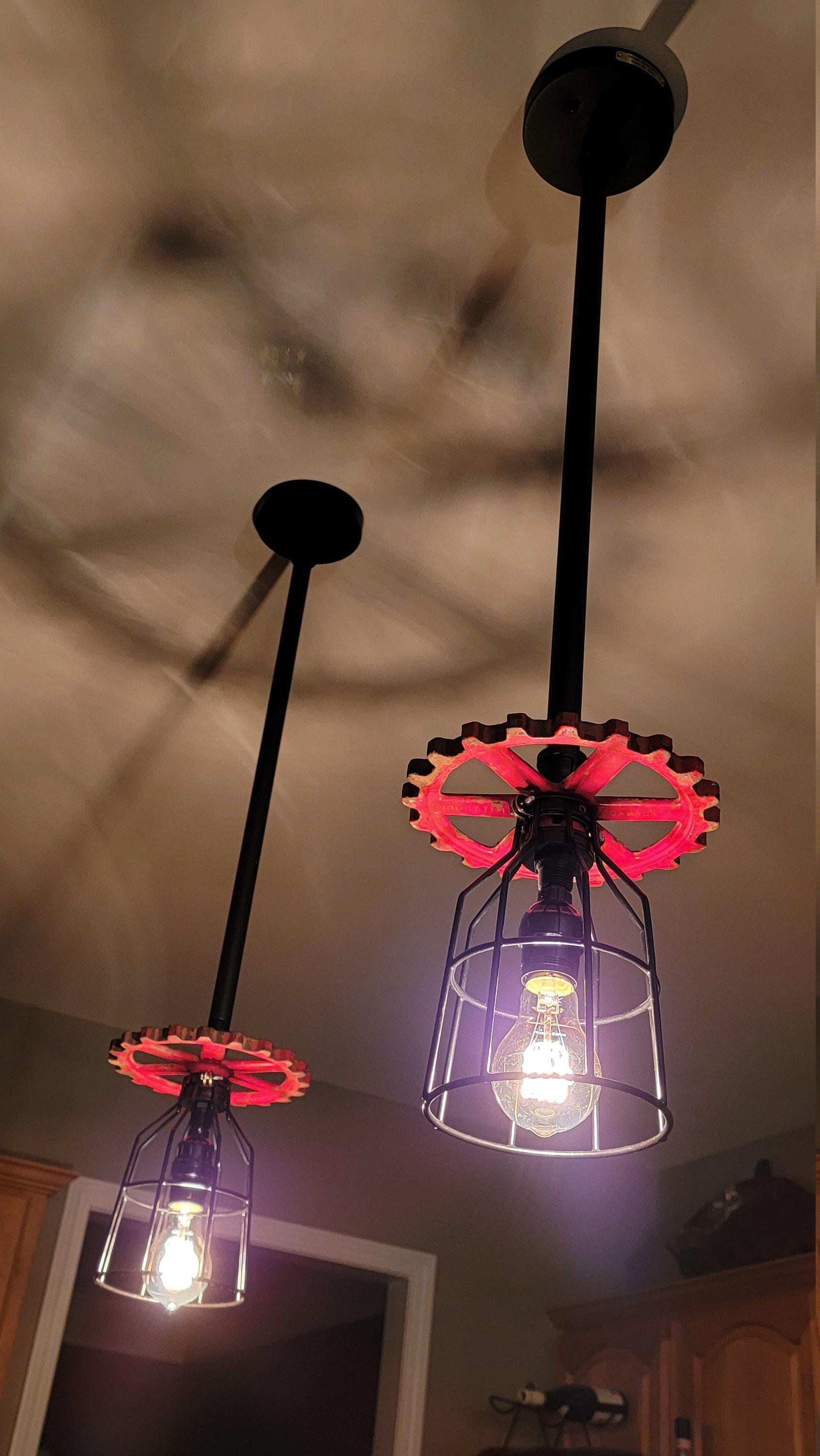 Repurposed Industrial Gear Pendant Lights, Red Black Steampunk. Original art pendants.