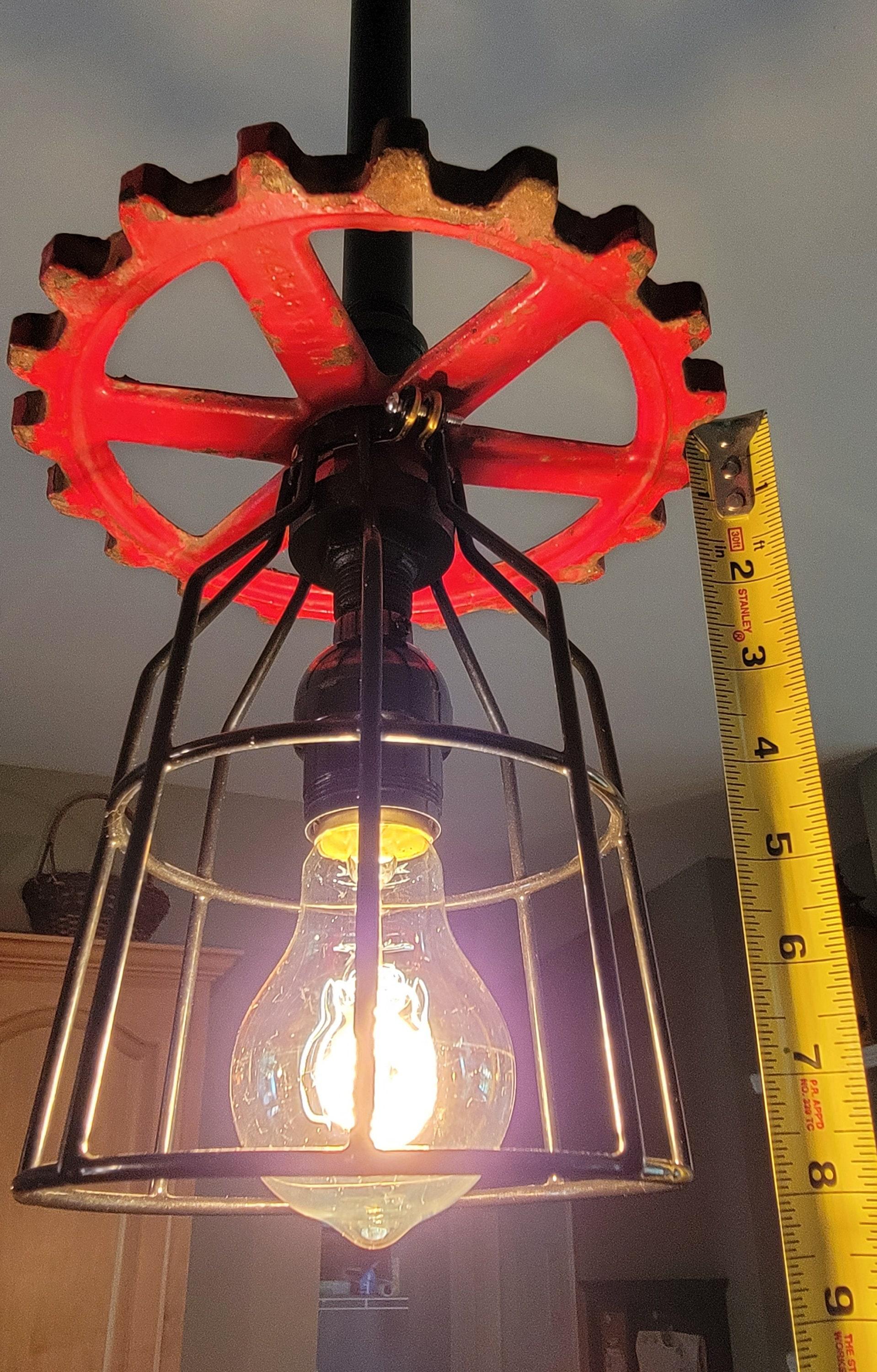 Repurposed Industrial Gear Pendant Lights, Red Black Steampunk. Original art pendants.