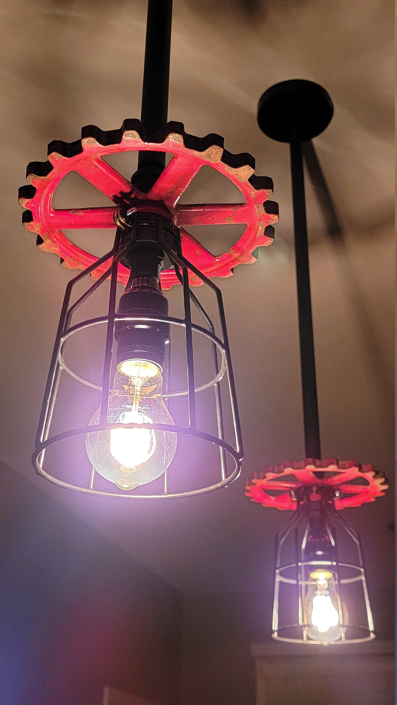 Repurposed Industrial Gear Pendant Lights, Red Black Steampunk. Original art pendants.