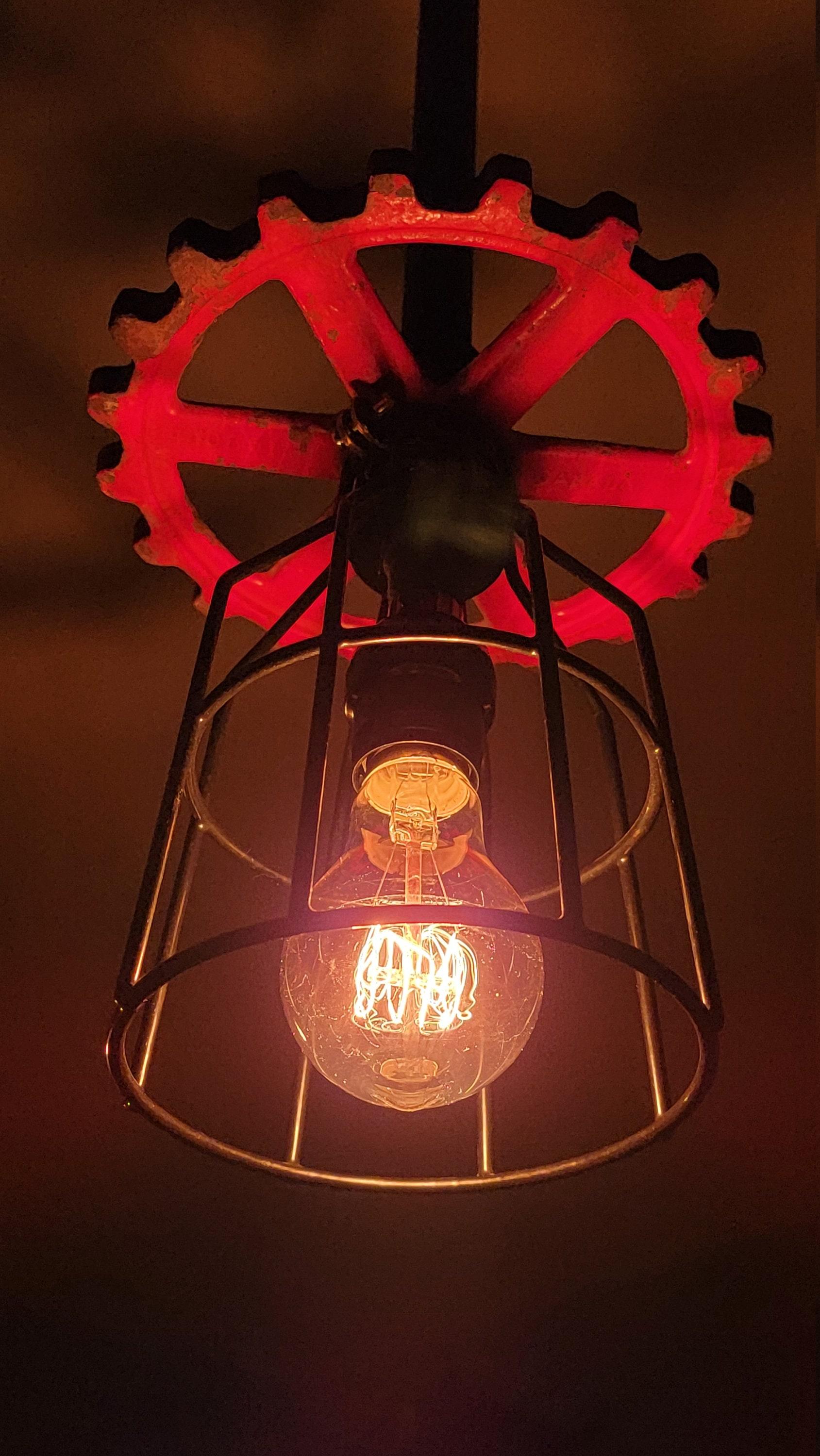 Repurposed Industrial Gear Pendant Lights, Red Black Steampunk. Original art pendants.