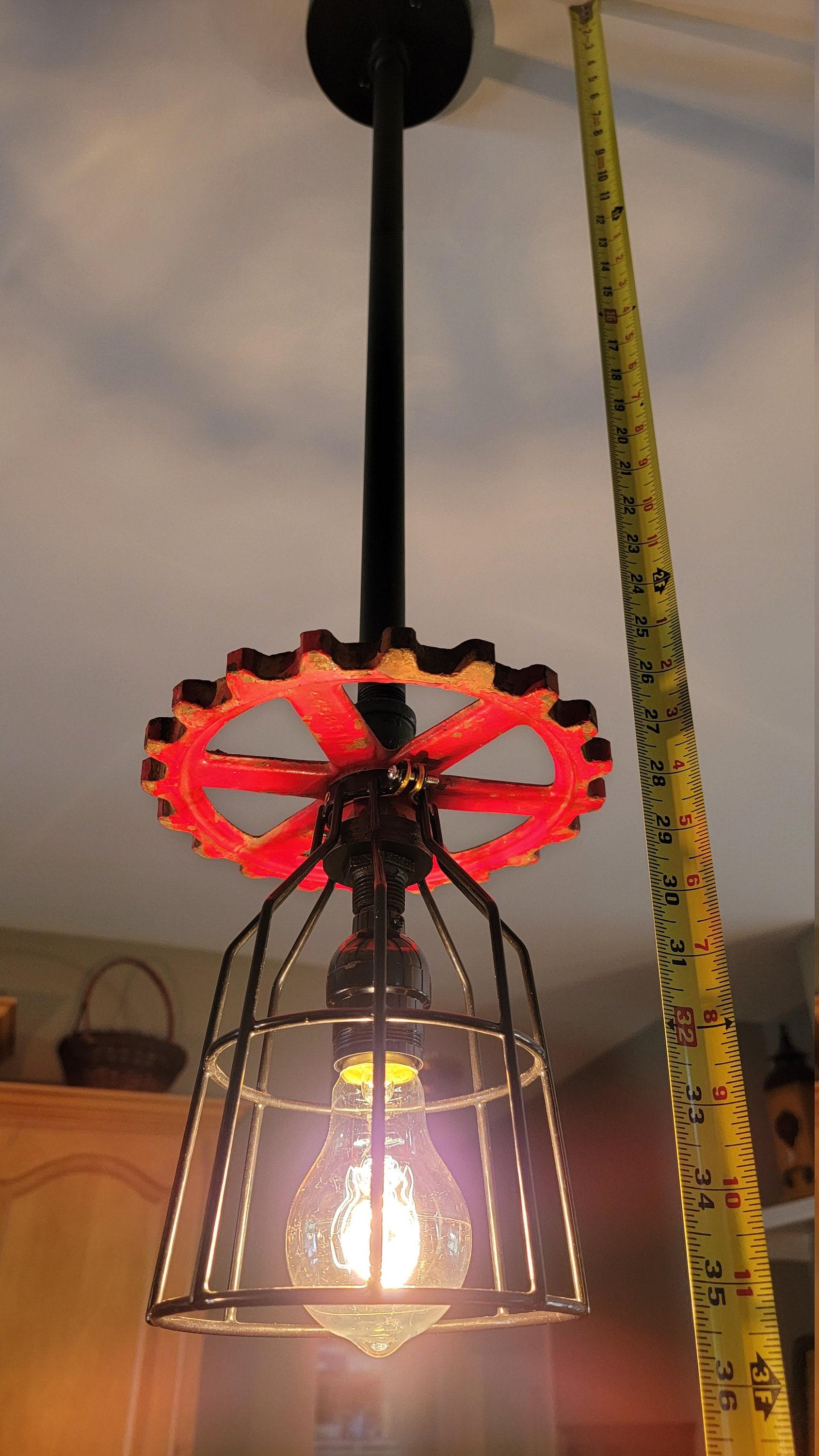 Repurposed Industrial Gear Pendant Lights, Red Black Steampunk. Original art pendants.