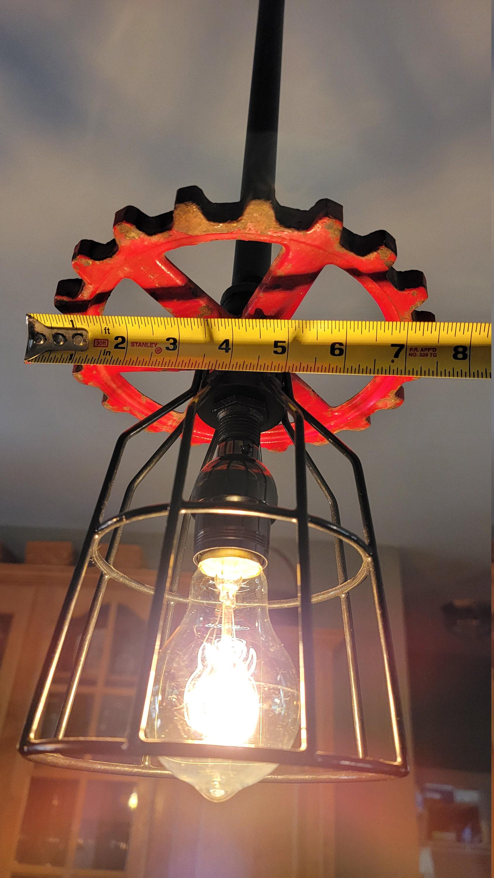 Repurposed Industrial Gear Pendant Lights, Red Black Steampunk. Original art pendants.