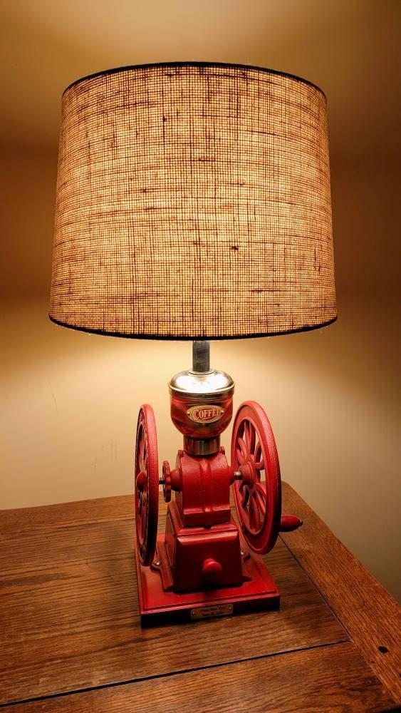 Light Roast coffee grinder accent lamp, red iron, brass and wood, burlap shade