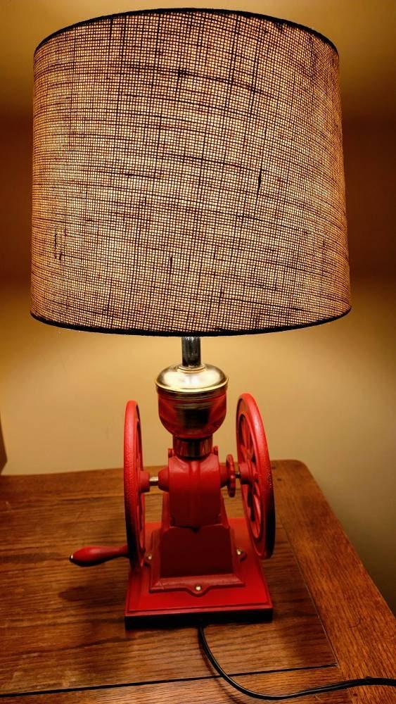 Light Roast coffee grinder accent lamp, red iron, brass and wood, burlap shade