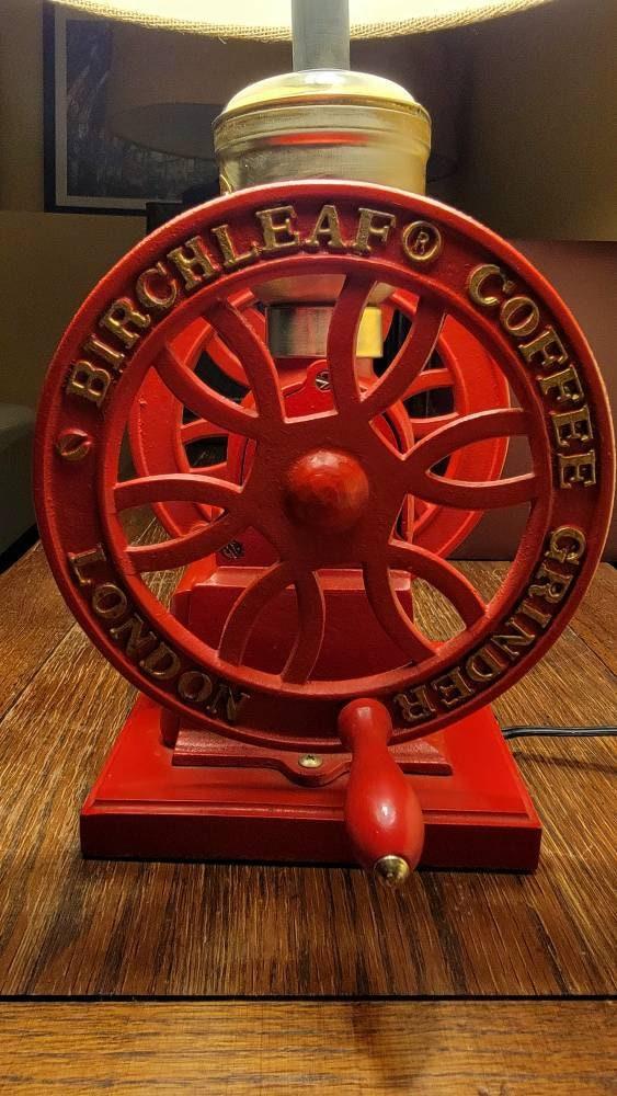 Light Roast coffee grinder accent lamp, red iron, brass and wood, burlap shade