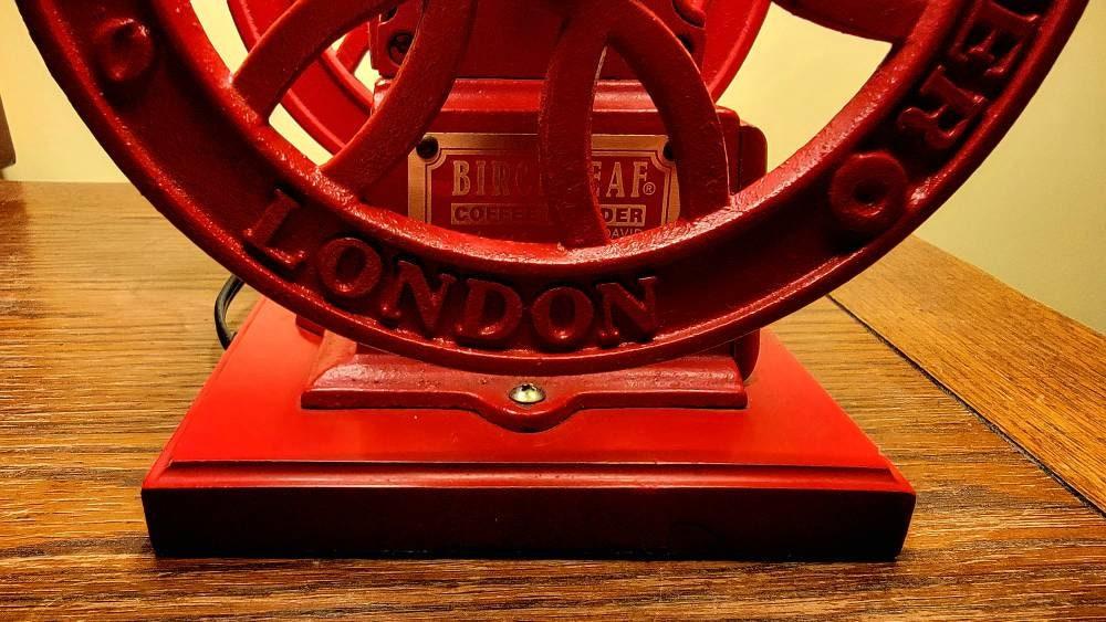 Light Roast coffee grinder accent lamp, red iron, brass and wood, burlap shade