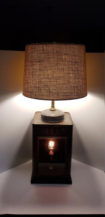 Vintage Repurposed Tin Table Lamp, Old Grain Storage Bin, Dual Light, Shadow Box