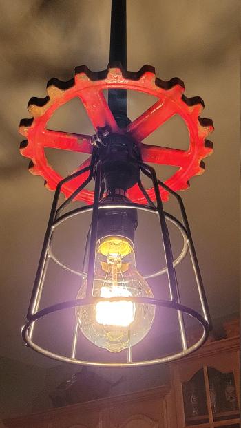 Repurposed Industrial Gear Pendant Lights, Red Black Steampunk. Original art pendants.