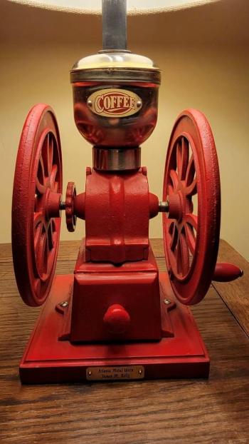 Light Roast coffee grinder accent lamp, red iron, brass and wood, burlap shade